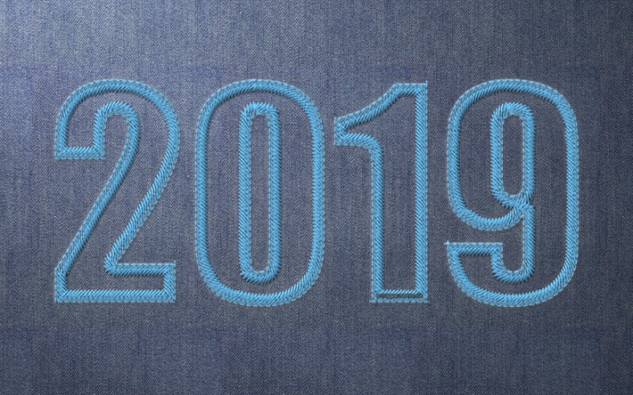 2019 o ano, tecido azul, bordado, fundo azul, 2019 conceitos, Feliz Ano Novo 2019