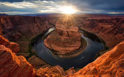 Horseshoe Bend, Arizona, Colorado River, Grand Canyon, rocks, evening, sunset, river, canyon, Page, USA