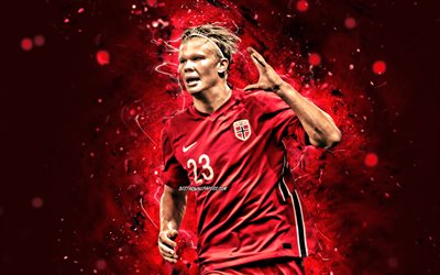 Erling Haaland, 4k, 2020, Norway National Team, soccer, footballers, Erling Braut Haaland, red neon lights, Norwegian football team, Erling Haaland 4K