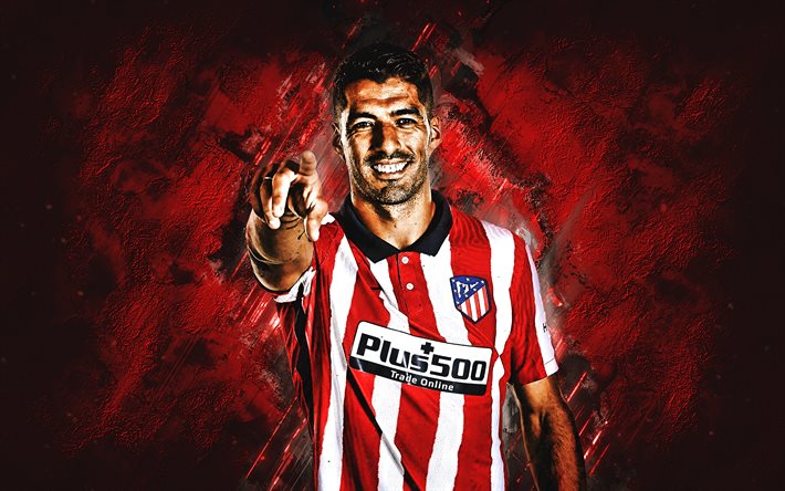 Luis Suarez, Atletico Madrid, Uruguayan footballer, portrait, red stone background, football, La Liga