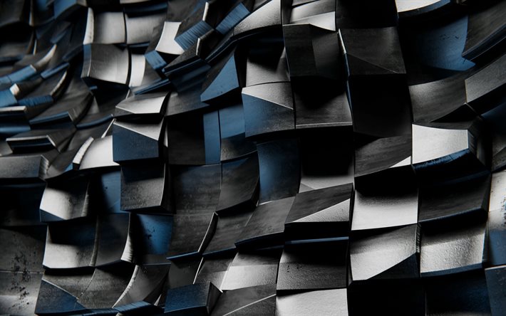 3d-metallwellen, 4k, 3d-quadrate textur, geometrische muster, wellige hintergr&#252;nde, 3d-wellen, blauer 3d-hintergrund, hintergrund mit wellen, wellen textur, 3d-texturen, hintergrund mit quadraten