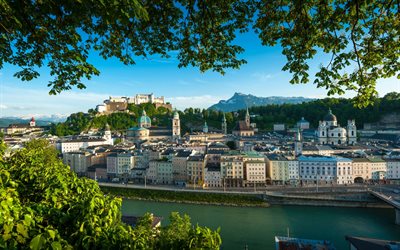 Salzburg, Hohensalzburgin linnoitus, aamu, joki, kaupunkikuva, Salzburg panoraama, Festungsberg, It&#228;valta, Salzburgin linnoitus