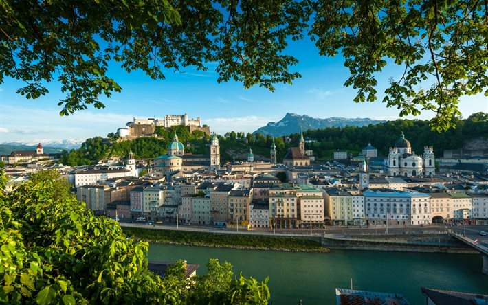 Salzburg, Hohensalzburg Kalesi, sabah, nehir, şehir manzarası, Salzburg panoraması, Festungsberg, Avusturya, Y&#252;ksek Salzburg Kalesi