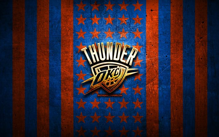 Oklahoma City Thunder -lippu, NBA, oranssi sininen metallitausta, amerikkalainen koripalloseura, Oklahoma City Thunder -logo, USA, koripallo, OKC-logo, kultainen logo, Oklahoma City Thunder, OKC