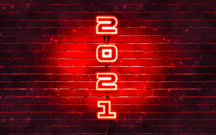 Feliz Ano Novo 2021, 4k, parede de tijolos vermelhos, d&#237;gitos de neon vermelhos, 2021 d&#237;gitos vermelhos, conceitos de 2021, ano novo de 2021, inscri&#231;&#227;o vertical de neon, 2021 no fundo vermelho, d&#237;gitos do ano de 2021