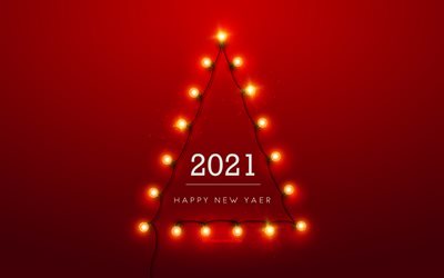 2021 New Year, Christmas tree made of bulbs, 2021 Red background, Happy New Year 2021, 2021 concepts, lamps