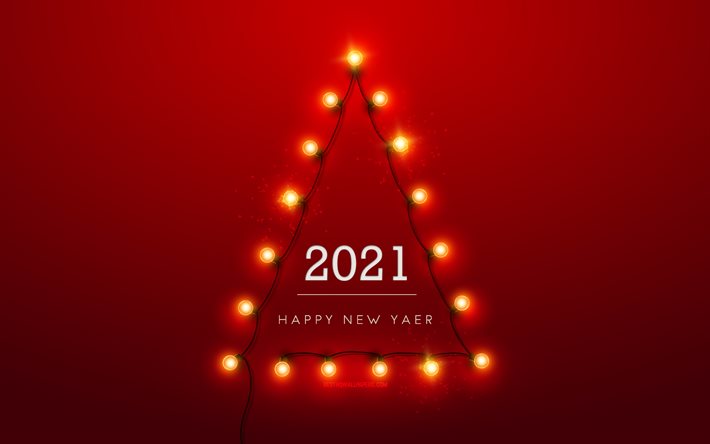 Ano Novo 2021, &#225;rvore de Natal feita de l&#226;mpadas, fundo vermelho 2021, conceitos felizes de Ano Novo 2021, 2021, l&#226;mpadas