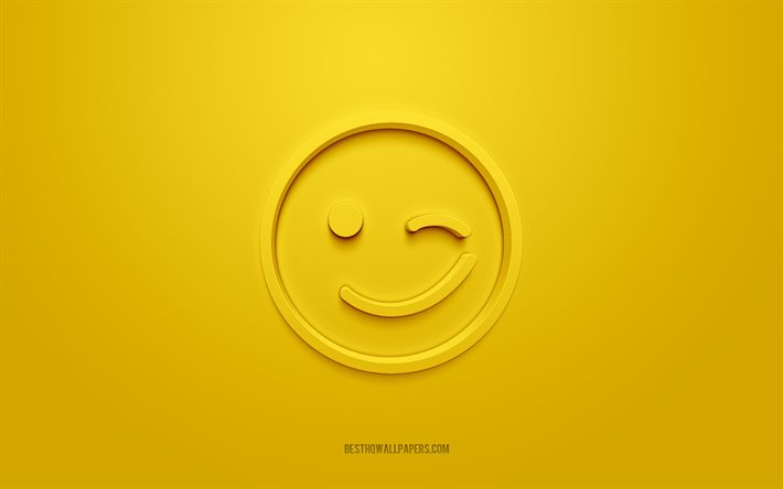 Wink 3d-ikon, gul bakgrund, 3d-symboler, Wink Emotion, kreativ 3d-konst, 3d-ikoner, Wink-tecken, Emotion 3d-ikoner, Goda hum&#246;rikoner