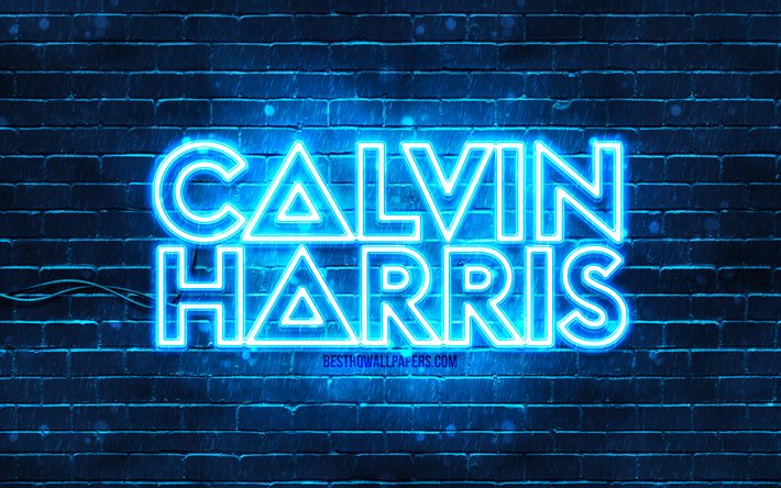 Logo blu Calvin Harris, 4k, superstar, DJ scozzesi, muro di mattoni blu, logo Calvin Harris, Adam Richard Wiles, Calvin Harris, star della musica, logo al neon di Calvin Harris