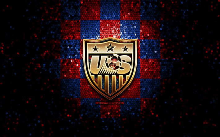 US Mens National Soccer Team, glitterlogotyp, CONCACAF, Nordamerika, r&#246;dbl&#229; rutig bakgrund, mosaikkonst, fotboll, American National Soccer Team, USMNT-logotyp, US fotbollslag, USA