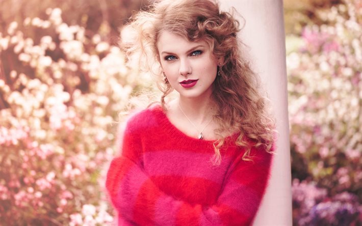 Taylor Swift, cantor, maquiagem, menina bonita, camisola cor-de-rosa