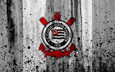 FC Corinthians, 4k, grunge, Brazilian Seria A, logo, Brazil, soccer, football club, Corinthians, stone texture, art, Corinthians FC
