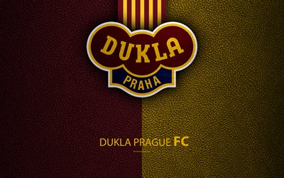 Dukla Prague, FC, 4k, Czech football club, Dukla logo, emblem, leather texture, Prague, Czech Republic, football, 1 Liga, Czech Football Championship