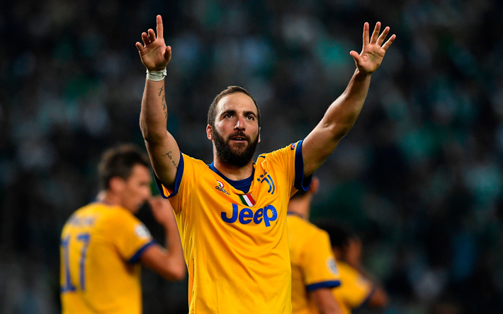 Gonzalo Higuain, 4k, Juventus de turin, en Italie, en Argentine joueur de football, la Juventus jaune kit, nouveau logo de la Juventus