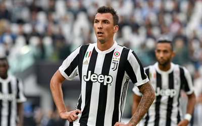 Mario Mandzukic, Juventus, 4k, Croatian footballer, portrait, Italy, new Juventus emblem