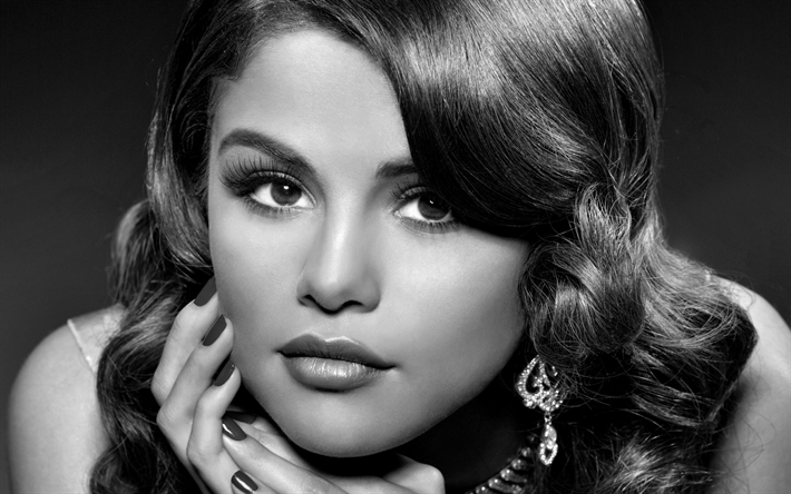 Selena Gomez, monochrome portrait, retro, photoshoot, american singer, fashion model