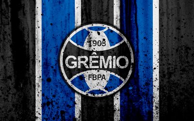 FC Gremio, 4k, grunge, Brazilian Seria A, logo, Brazil, soccer, football club, Gremio, stone texture, art, Gremio FC