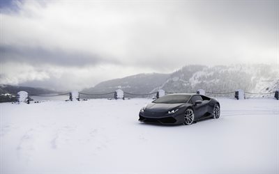 Lamborghini Huracan, sports coupe, supercar, black Huracan, winter, snow, winter riding, VAG, Lamborghini