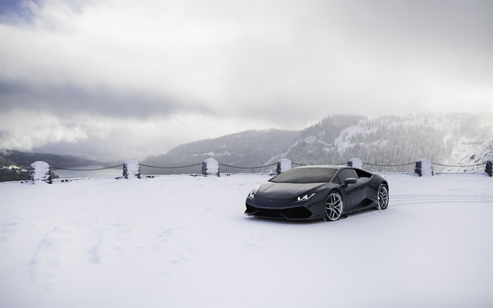Lamborghini Huracan, cup&#234; esportivo, supercar, preto Huracan, inverno, neve, equita&#231;&#227;o de inverno, VAG, Lamborghini