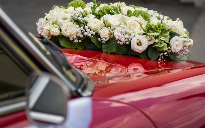hochzeit, wei&#223;e rosen, auto, auto dekorationen, hochzeits-bouquet