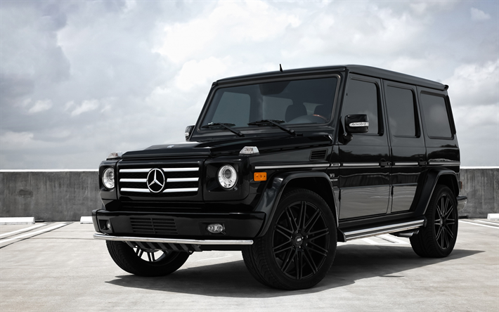 Mercedes-Benz G55, AMG, svart SUV, tuning G55, svarta hjul, l&#229;g profil d&#228;ck, Mercedes