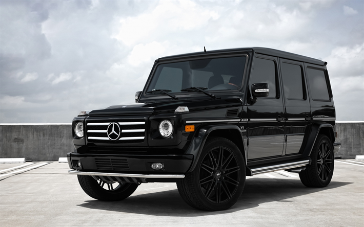 A Mercedes-Benz G55, AMG, SUV preto, ajuste G55, rodas pretas, baixa pneus de perfil, Mercedes