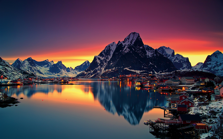 Norvegia, 4k, inverno, alba, mare, montagna, isole Lofoten, Europa