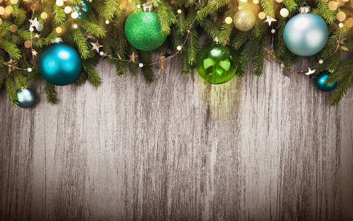 christmas decorations, xmas balls, wooden background, Happy New Year, xmas, Christmas