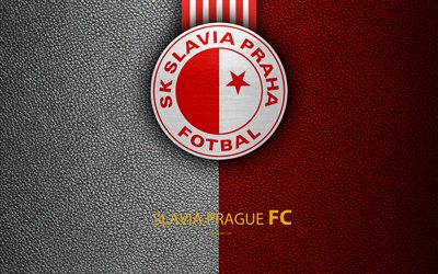 FC Slavia Prague, 4k, Czech football club, logo, emblem, leather texture, Prague, Czech Republic, football, 1 Liga, Czech Football Championship