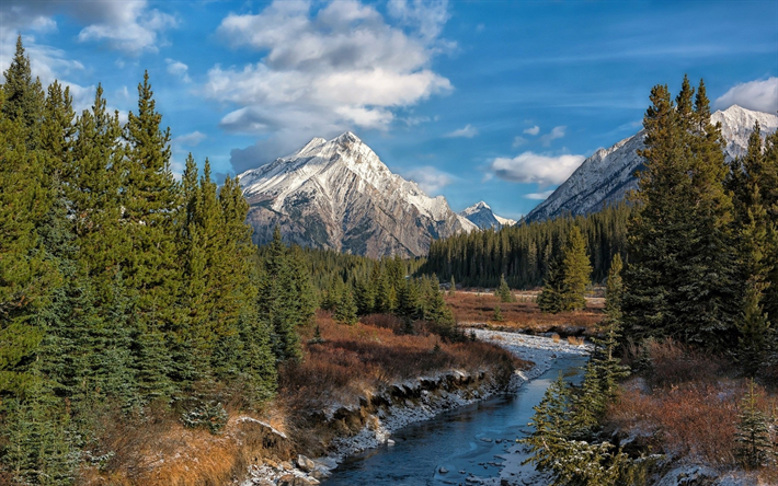 mountain landscape, forest, autumn, mountain river, blue sky