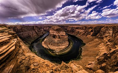 Colorado River, 4k, Horseshoe Bend, rocks, american landmarks, Grand Canyon National Park, America, USA, HDR