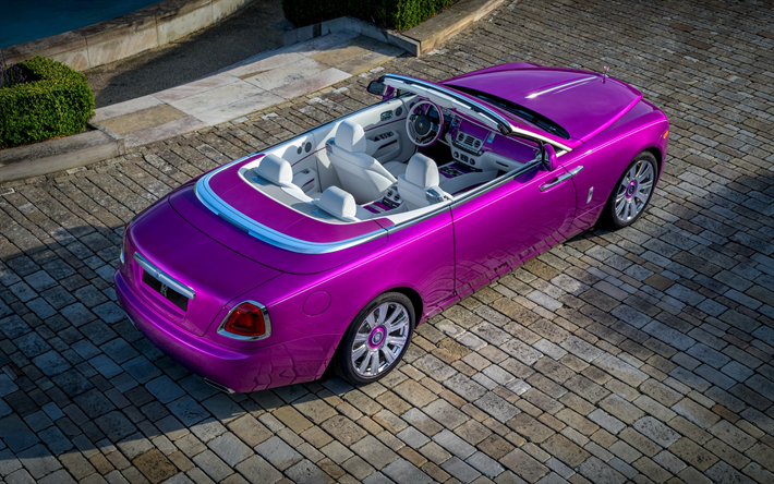 A Rolls-Royce Phantom, 2018, Cabriolet, roxo brilhante cabriolet, carros de luxo, vista de cima
