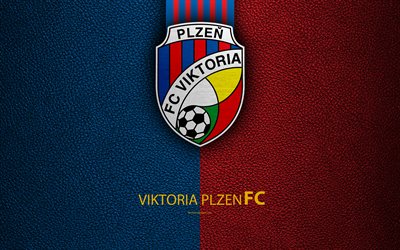Viktoria Plzen FC, 4k, Czech football club, logo, emblem, leather texture, Pilsen, Czech Republic, football, 1 Liga, Czech football championship