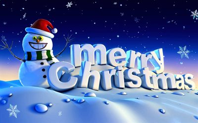 Merry christmas, snowman, 3d art, Happy New Year, xmas, Christmas, snow, New Year, winter
