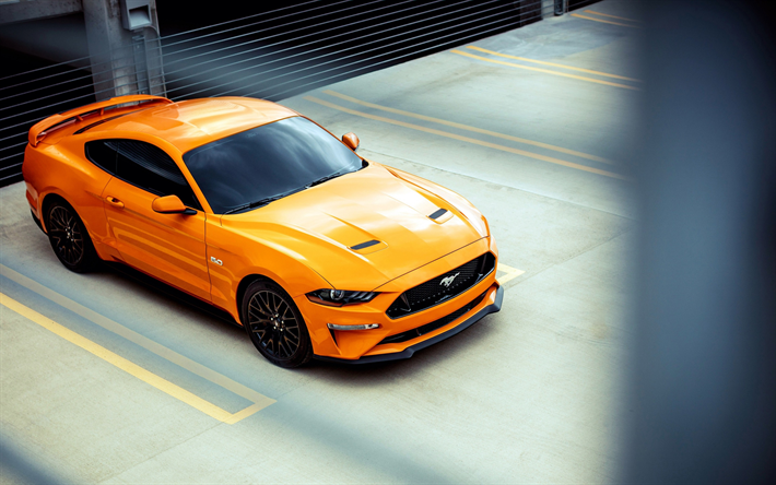 El Ford Mustang GT, 2018, Fastback Deportes, amarillo coup&#233; deportivo, coches Americanos, supercar, Ford