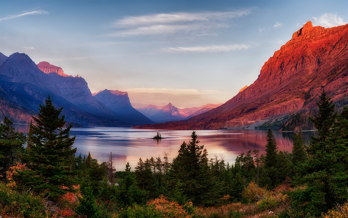 mountain landscape, sunset, mountain lake, golden sunset, forest, Glacier National Park, Montana, USA
