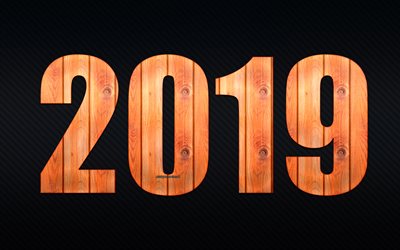 2019 year, gray background, wooden letters, light wooden texture, Happy New Year, 2019 concepts, creative art