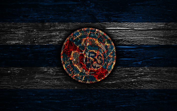 Strasbourg FC, fire logo, Ligue 1, blue and white lines, french football club, grunge, football, soccer, logo, RC Strasbourg Alsace, wooden texture, France