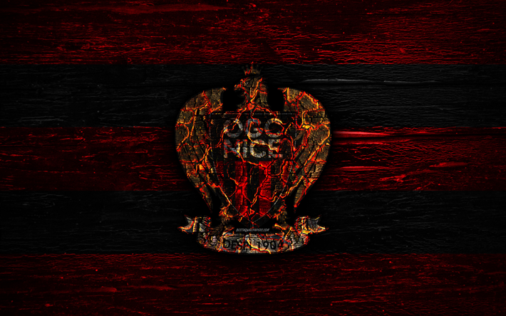 Nice FC, fire logo, Ligue 1, black and red lines, french football club, grunge, football, soccer, logo, OGC Nice, wooden texture, France