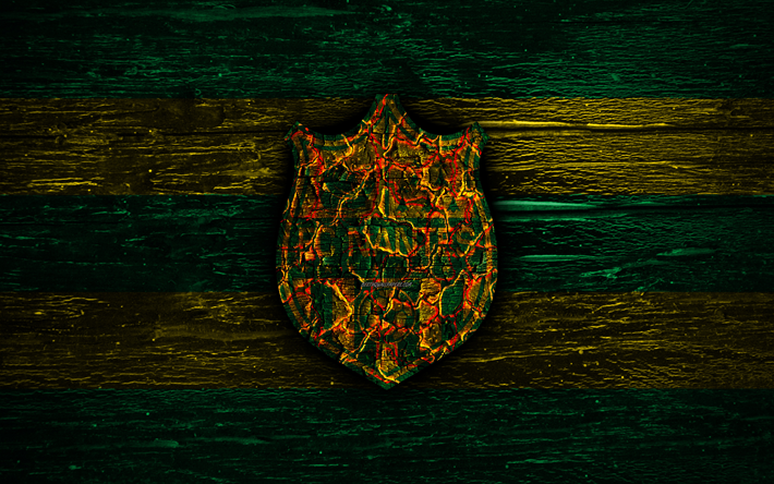 Nantes FC, fire logo, Ligue 1, green and yellow lines, french football club, grunge, football, soccer, logo, Nantes, wooden texture, France