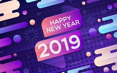 Happy New Year 2019, abstract art, creative, minimal, 2019 concepts, 3d digits, 2019 year, purple background