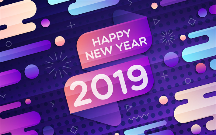 2019 Yeni yılınız kutlu olsun, soyut sanat, yaratıcı, minimal, 2019 kavramlar, 3d rakamlar, 2019 yılı, mor arka plan