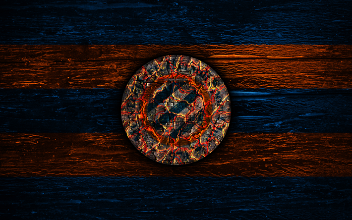Montpellier FC, fire logo, Ligue 1, orange and blue lines, french football club, grunge, football, soccer, logo, Montpellier HSC, wooden texture, France