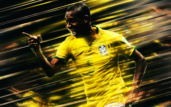 Fernandinho, Fernando Luiz Ros, 4k, yaratıcı sanat, stil, orta saha oyuncusu, Brezilya Milli Futbol Takımı, Brezilyalı futbolcu, Brezilya, sarı arka plan, futbol bı&#231;akları