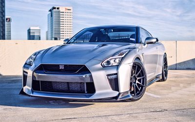 Nissan GT-R, 2018, silver sports coupe, front view, japanese sports car, silver GT-R, Nissan