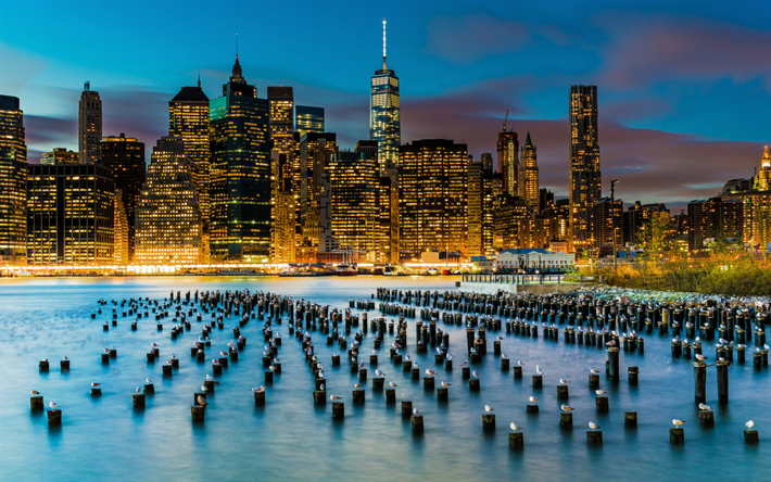 New York, Manhattan, evening, city lights, skyscrapers, bay, Lower Manhattan, East River, USA