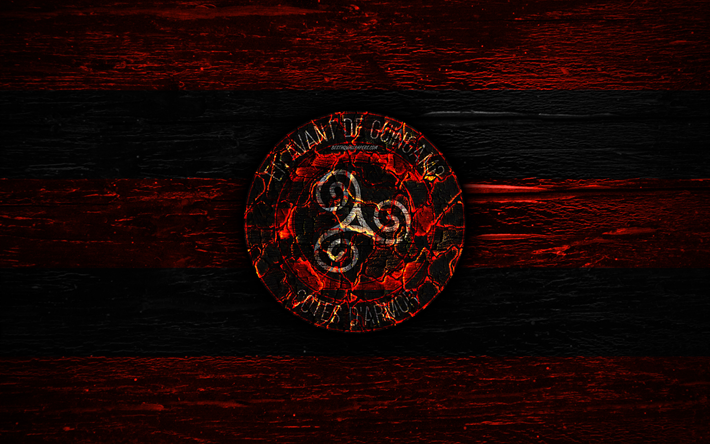 Guingamp FC, fire logo, Ligue 1, black and red lines, french football club, grunge, football, soccer, logo, EA Guingamp, wooden texture, France