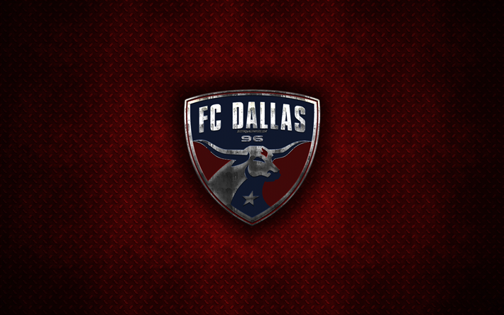 FC Dallas, 4k, logo de metal, arte creativo, American club de f&#250;tbol, de la MLS, con el emblema de metal rojo de fondo, Frisco, Texas, estados UNIDOS, el f&#250;tbol, los de la Conferencia Oeste de la Liga Mayor de F&#250;tbol