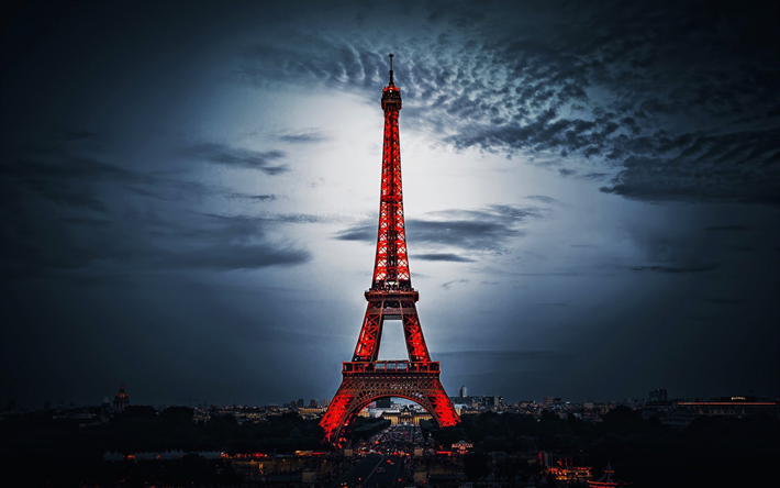 Eiffel Tower, red illumination, french landmarks, darkness, Paris, France, Europe