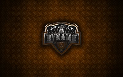 Houston Dynamo, 4k, metal logo, creative art, American soccer club, MLS, emblem, orange metal background, Houston, Texas, USA, football, Western Conference, Major League Soccer